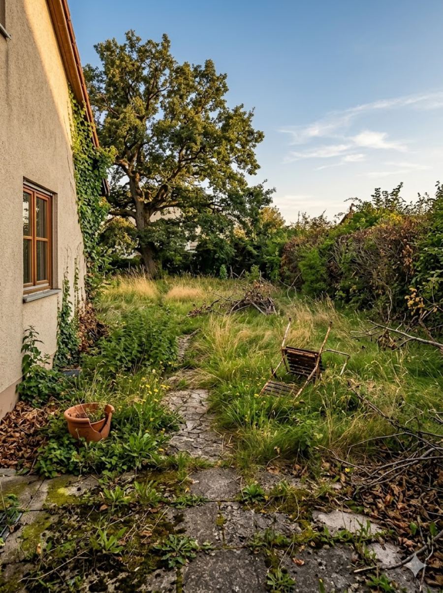 Vorher: verwilderter Garten vor der Neuanlage durch Bardak Service